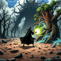 A majestic battlefield with shattered trees and ground displaying the scars of powerful attacks