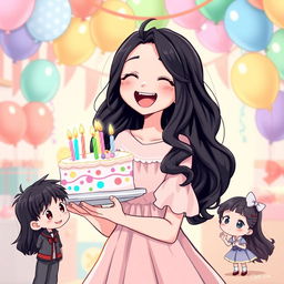 A charming scene depicting a girl with long wavy black hair, wearing a pastel dress, joyfully holding a colorful birthday cake with candles