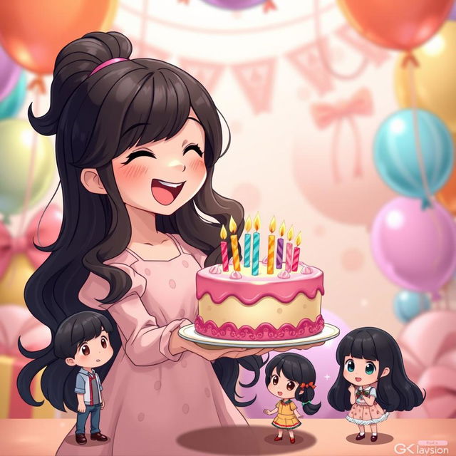 A charming scene depicting a girl with long wavy black hair, wearing a pastel dress, joyfully holding a colorful birthday cake with candles