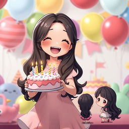 A charming scene depicting a girl with long wavy black hair, wearing a pastel dress, joyfully holding a colorful birthday cake with candles