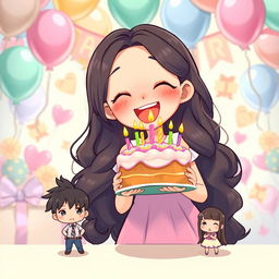 A charming scene depicting a girl with long wavy black hair, wearing a pastel dress, joyfully holding a colorful birthday cake with candles