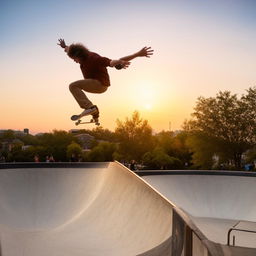 A skateboarder performing a mid-air trick with a cityscape background during sunset.