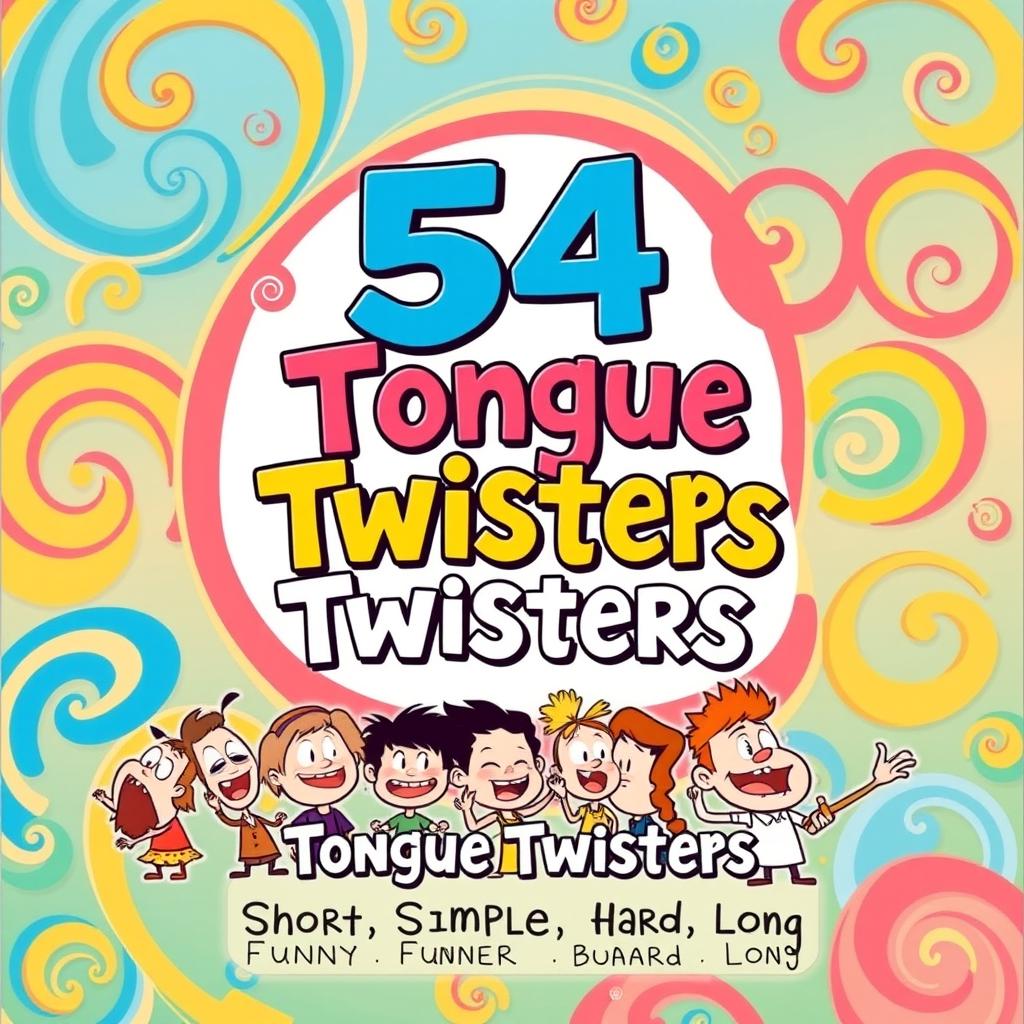 An eye-catching book cover design for a collection titled 'Tongue Twisters', featuring the main title '54 Tongue Twisters' in large, bold, and playful lettering at the center