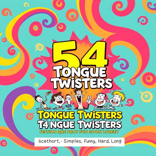 An eye-catching book cover design for a collection titled 'Tongue Twisters', featuring the main title '54 Tongue Twisters' in large, bold, and playful lettering at the center