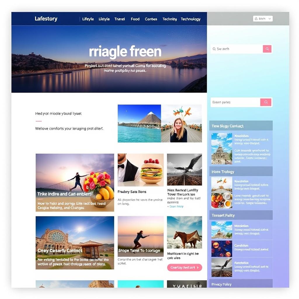 A sleek and modern blog website design featuring a clean layout with a striking homepage showcasing vibrant images and engaging typography
