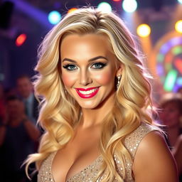 A glamorous portrait of Britney Spears, showcasing her iconic blonde hair styled in soft waves