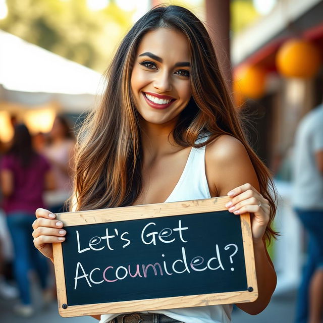 A breathtaking 30-year-old woman with long, loose hair stands confidently holding a sign that reads 'Let's Get Acquainted?'