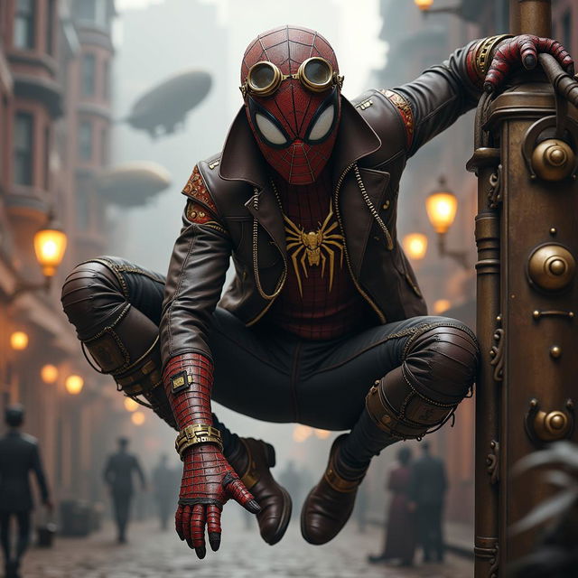 A striking portrayal of Spider-Man reimagined in a steampunk style, featuring a blend of traditional elements and mechanical enhancements