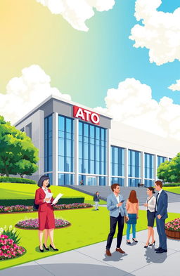 A visually engaging illustration depicting the Australian Taxation Office (ATO) headquarters located in Canberra