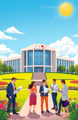 A visually engaging illustration depicting the Australian Taxation Office (ATO) headquarters located in Canberra
