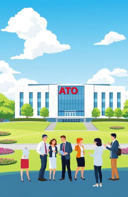 A visually engaging illustration depicting the Australian Taxation Office (ATO) headquarters located in Canberra