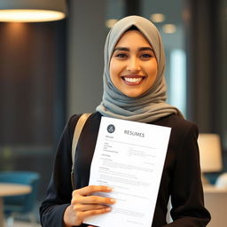 A smiling woman wearing a hijab, holding a resume, dressed in a stylish black and white uniform suitable for a job application