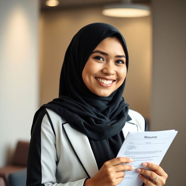 A smiling woman wearing a hijab, holding a resume, dressed in a stylish black and white uniform suitable for a job application