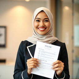 A smiling woman wearing a hijab, holding a resume, dressed in a stylish black and white uniform suitable for a job application