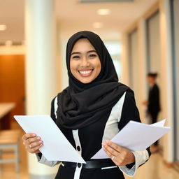 A smiling woman wearing a hijab, holding a resume, dressed in a stylish black and white uniform suitable for a job application