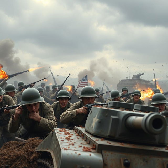 A dramatic World War II scene, depicting a battlefield with soldiers in authentic period uniforms engaged in an intense firefight