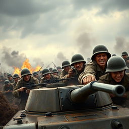 A dramatic World War II scene, depicting a battlefield with soldiers in authentic period uniforms engaged in an intense firefight