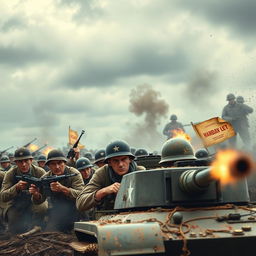 A dramatic World War II scene, depicting a battlefield with soldiers in authentic period uniforms engaged in an intense firefight