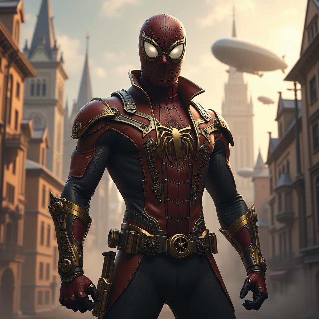 A captivating portrayal of a steampunk Spider-Man standing confidently in a heroic pose