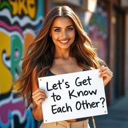 A stunning 30-year-old woman with long, flowing hair stands confidently holding a sign that reads 'Let's Get to Know Each Other?'