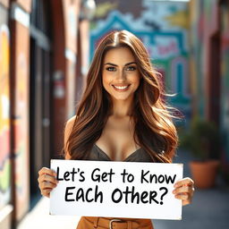 A stunning 30-year-old woman with long, flowing hair stands confidently holding a sign that reads 'Let's Get to Know Each Other?'