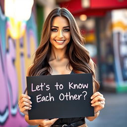 A stunning 30-year-old woman with long, flowing hair stands confidently holding a sign that reads 'Let's Get to Know Each Other?'