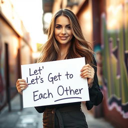 A stunning 30-year-old woman with long, flowing hair stands confidently holding a sign that reads 'Let's Get to Know Each Other?'
