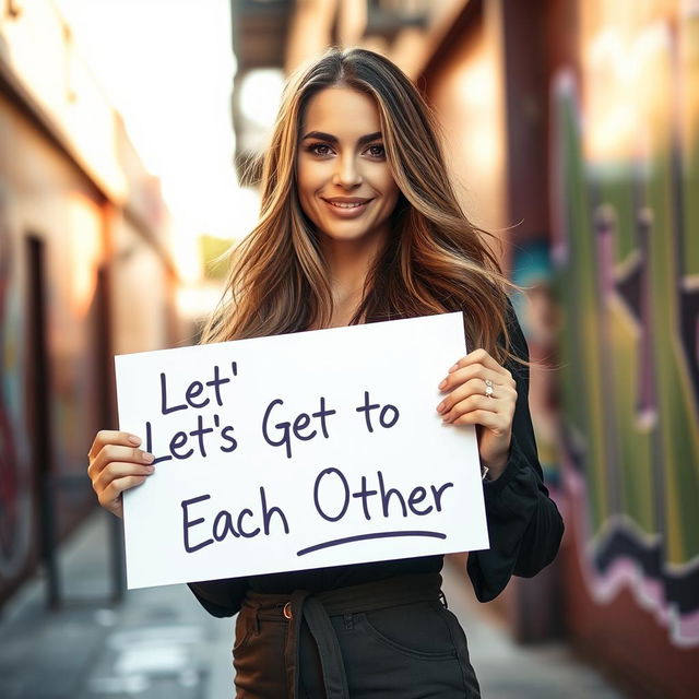 A stunning 30-year-old woman with long, flowing hair stands confidently holding a sign that reads 'Let's Get to Know Each Other?'