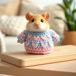 A realistic image of a cute crochet sweater designed for a pookie hamster