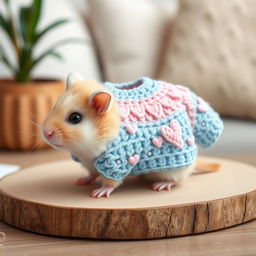 A realistic image of a cute crochet sweater designed for a pookie hamster