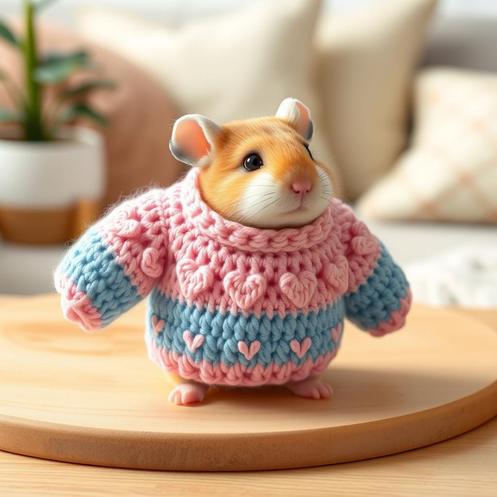 A realistic image of a cute crochet sweater designed for a pookie hamster