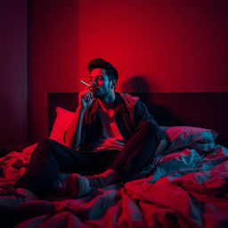 A man casually sitting on a bed, engrossed in smoking a cigarette