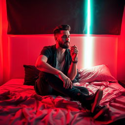 A man casually sitting on a bed, engrossed in smoking a cigarette