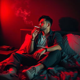 A man casually sitting on a bed, engrossed in smoking a cigarette
