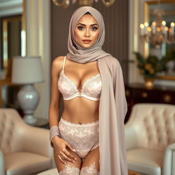 A fashionable and elegant lingerie set styled with a hijab, showcasing a modern blend of traditional and contemporary fashion