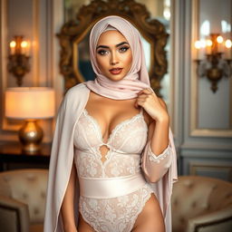 A fashionable and elegant lingerie set styled with a hijab, showcasing a modern blend of traditional and contemporary fashion