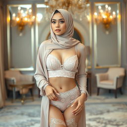 A fashionable and elegant lingerie set styled with a hijab, showcasing a modern blend of traditional and contemporary fashion