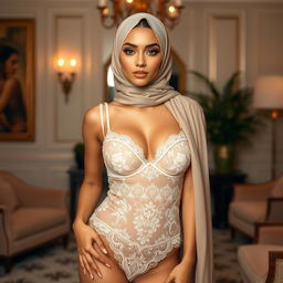 A fashionable and elegant lingerie set styled with a hijab, showcasing a modern blend of traditional and contemporary fashion