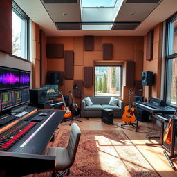 A modern recording studio interior, showcasing a sleek mixing console with colorful sliders, multiple monitors displaying sound waveforms, a cozy lounge area with plush seating, acoustic panels on the walls, and vibrant lights creating an artistic atmosphere