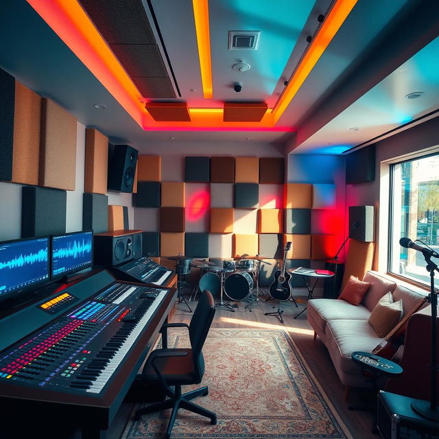 A modern recording studio interior, showcasing a sleek mixing console with colorful sliders, multiple monitors displaying sound waveforms, a cozy lounge area with plush seating, acoustic panels on the walls, and vibrant lights creating an artistic atmosphere