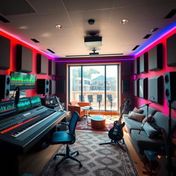 A modern recording studio interior, showcasing a sleek mixing console with colorful sliders, multiple monitors displaying sound waveforms, a cozy lounge area with plush seating, acoustic panels on the walls, and vibrant lights creating an artistic atmosphere