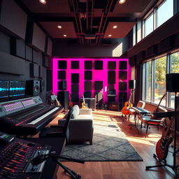 A modern recording studio interior, showcasing a sleek mixing console with colorful sliders, multiple monitors displaying sound waveforms, a cozy lounge area with plush seating, acoustic panels on the walls, and vibrant lights creating an artistic atmosphere