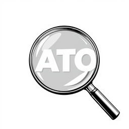 A black and white illustration featuring a large magnifying glass hovering over the ATO (Australian Taxation Office) sign, emphasizing its details