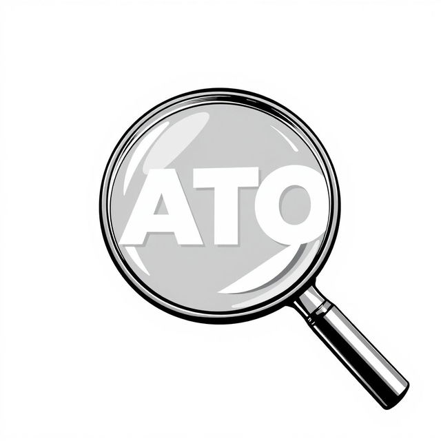A black and white illustration featuring a large magnifying glass hovering over the ATO (Australian Taxation Office) sign, emphasizing its details