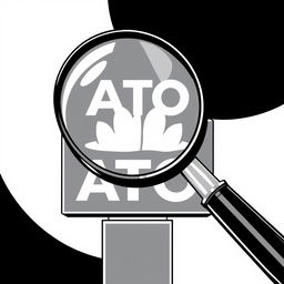 A black and white illustration featuring a large magnifying glass hovering over the ATO (Australian Taxation Office) sign, emphasizing its details