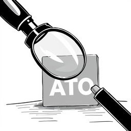 A black and white illustration featuring a large magnifying glass hovering over the ATO (Australian Taxation Office) sign, emphasizing its details