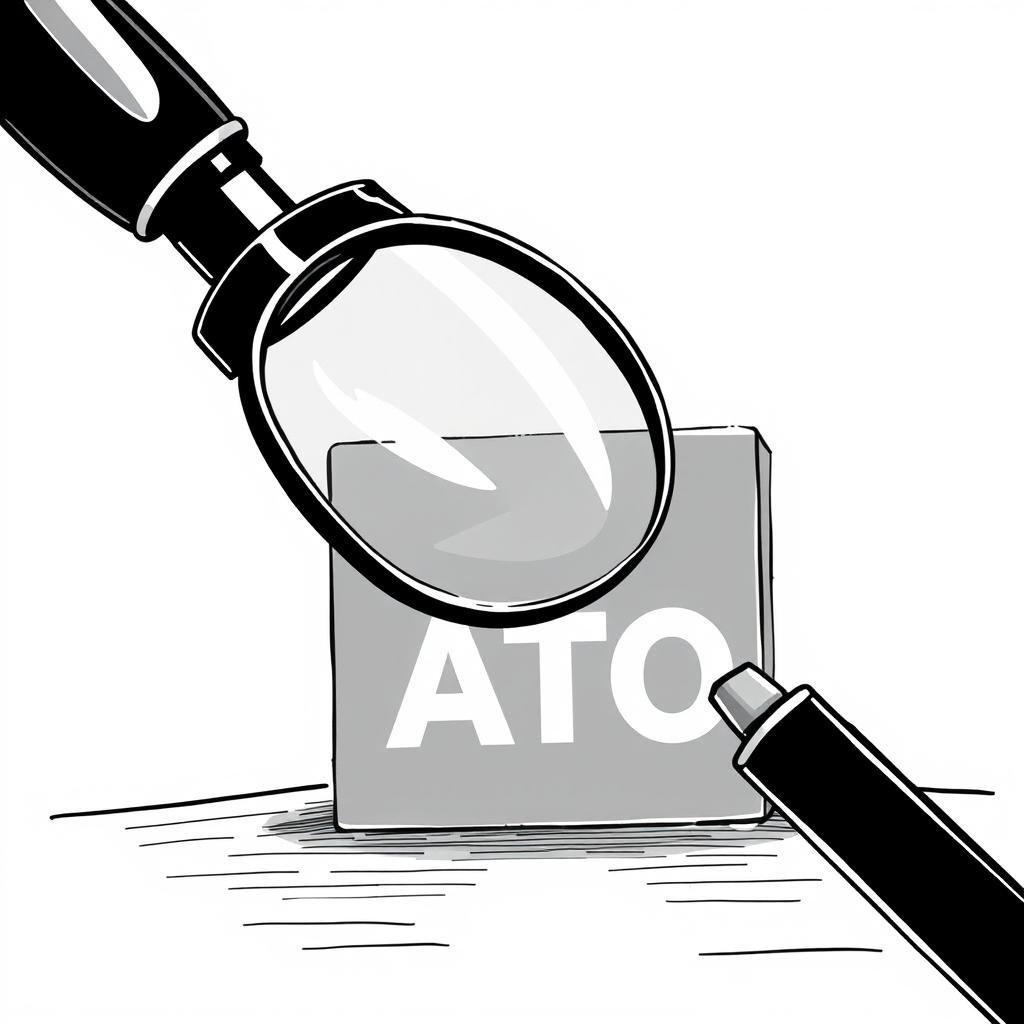 A black and white illustration featuring a large magnifying glass hovering over the ATO (Australian Taxation Office) sign, emphasizing its details