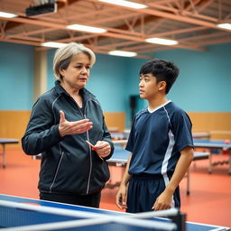 A table tennis coach holding the attention of an athlete, ensuring they are prepared to receive instruction