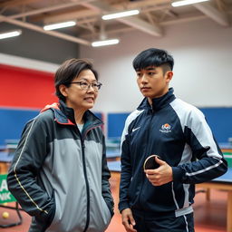 A table tennis coach holding the attention of an athlete, ensuring they are prepared to receive instruction