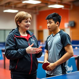 A table tennis coach holding the attention of an athlete, ensuring they are prepared to receive instruction
